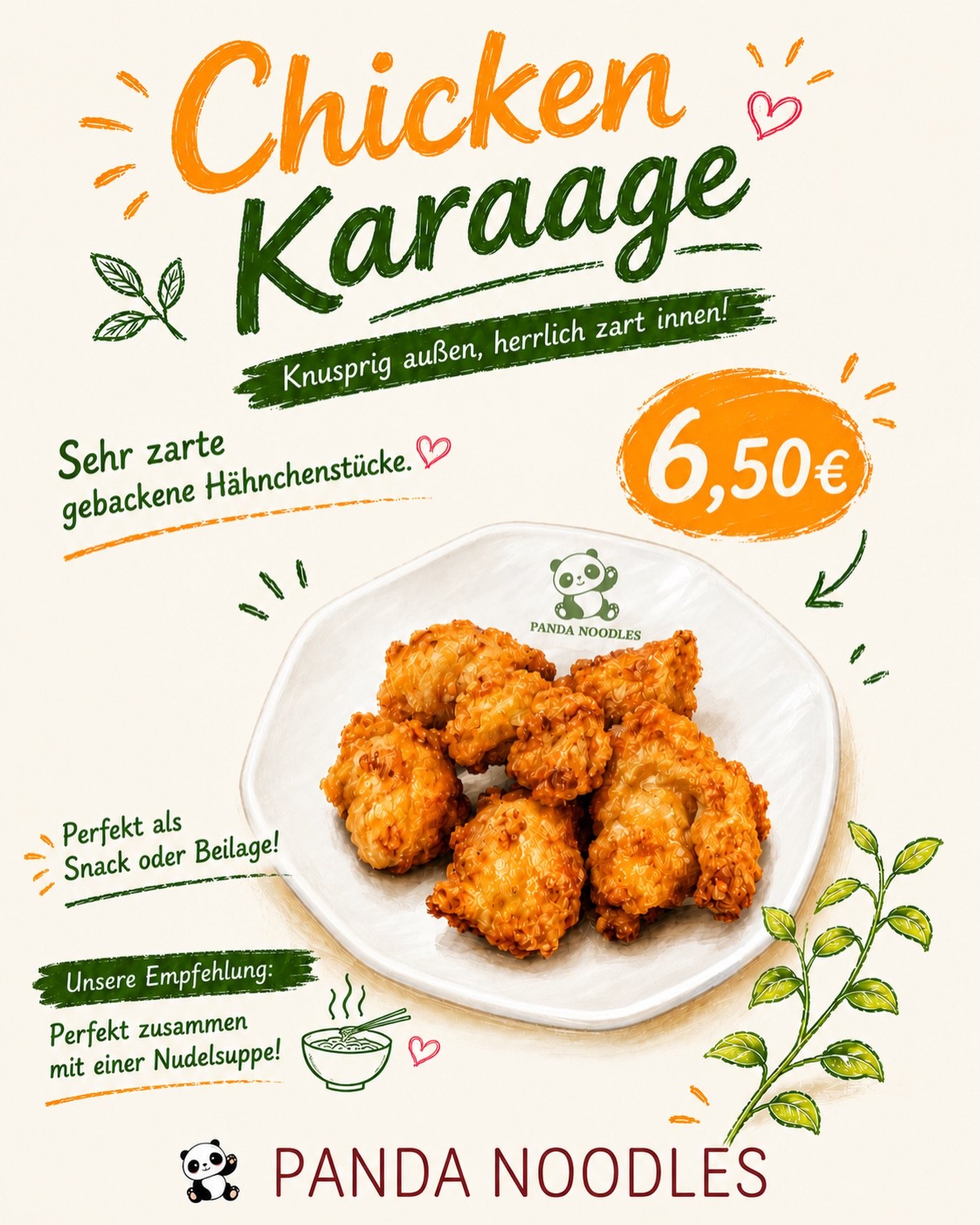 Plakat von Panda Noodles: Chicken Karaage, knusprig außen, herrlich zart innen