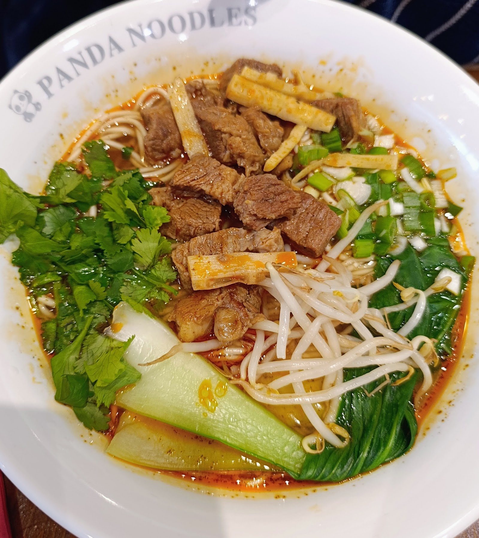 Geschmorte Rindfleisch Nudelsuppe mit Bambussprossen, Pak Choi und Koriander